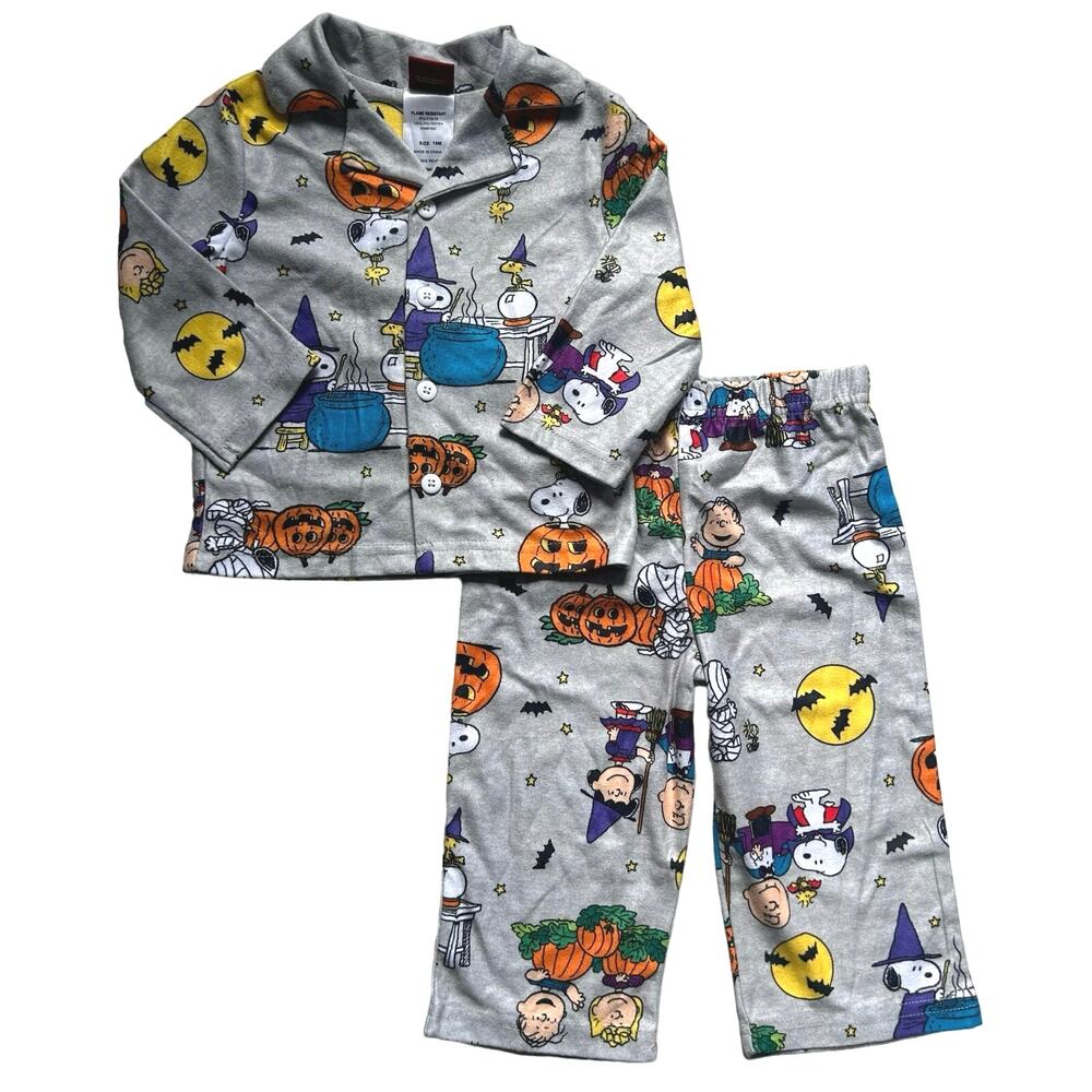 5/$25 Peanuts Unisex Flannel Button Up Halloween Snoopy Pajamas 18 Months